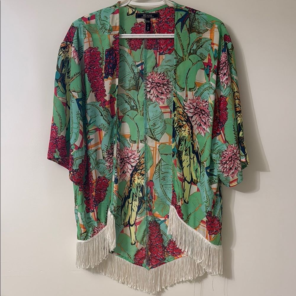 Tropical Floral Kimono with Fringe